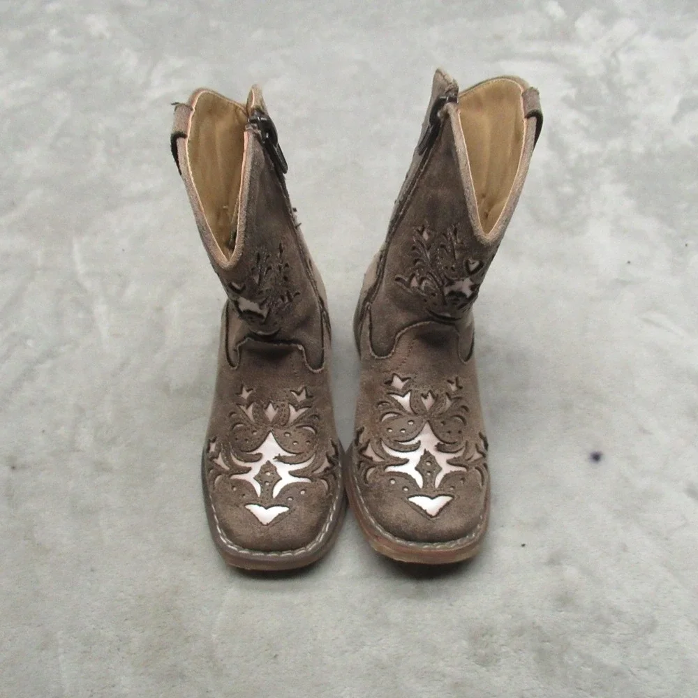 Roper Toddlers 7 Lola Cowboy Boots Brown Faux Leather‎ Western Side Zip Square